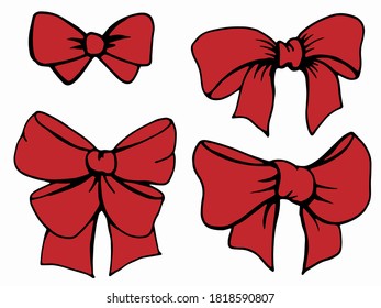 Color hand drawn illustration. Textile red bows for wrapping gifts of different shapes. Handwritten graphic techniqe