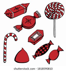 Color hand drawn illustration. Various shapes of red candies and sweets. Handwritten graphic techniqe