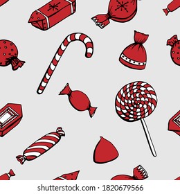 Color hand drawn illustration. Various shapes of red candies and sweets. Handwritten graphic techniqe