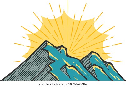 Color hand drawn mountains with sun rays