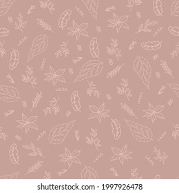 Color hand drawn pattern in pastel colors with leaves, twigs, berries and curls for textiles, bags, wallpaper, postcards and other printed products. Vector pattern.