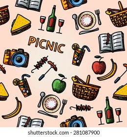 Color hand drawn picnic pattern - basket, plate with spoon, sandwich, photo camera, wine, glass with cocktail, apple and banana, BBQ, book. Vector