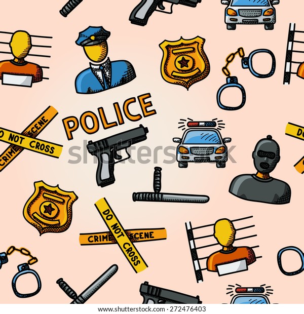 Color hand drawn police pattern - gun, car, crime\
scene tape, badge, police men, thief, thief in jail, handcuffs,\
police club. Vector