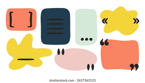 Color hand drawn quote text boxes. Vector speech bubbles with quotation marks for feedback, testimonials, messages, social media posts. Creative cartoon style frames for inspirational quotes and