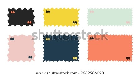 Color hand drawn quote wavy text boxes with apostrophe. Vector speech bubbles with quotation marks for feedback, testimonials, messages, social media posts. Creative cartoon style wave frames for