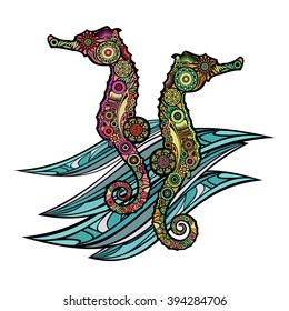 Color hand drawn Sea Horses on blue sea waves background for coloring book. Ornamental tribal patterned Sea Horses for coloring page, for poster, print, t-shirt design. Vector illustration