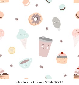 Color hand drawn seamless pattern (pink, white,brown,blue) cartoon nursery doodle cute desert food smiling face on isolated background set. Coffee,cake,cupcake,ice cream, donut, tea cup,macaron.