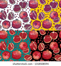 color hand drawn seamless vector pattern with pomegranate with seeds for girls, boys, clothes. Creative background with Doodle healthy food Funny wallpaper for textile and fabric. Fashion style