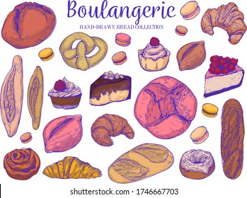 Color hand drawn sketch style bakery clip arts.Different kinds of bread and pastry sweets on white background. Cakes, tarts,pie slices,donuts, cheescake,macaroons,buns and other testy bakery products