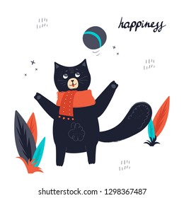 Color hand drawn vector character. Happy and playful cat playing with a ball in the garden. Isolated scandinavian cartoon illustration