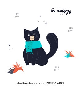 Color hand drawn vector character. Happy and playful cat walk in the garden. Isolated scandinavian cartoon illustration