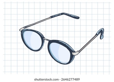 Color hand drawn vector illustration of eyeglasses with thin frame and round lenses. Vintage sketch on squared background. Great for education, school design, or optical-themed visuals.