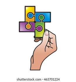 color hand holding assembled jigsaw-vector drawing