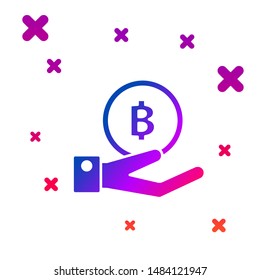 Color Hand holding Bitcoin icon isolated on white background. Blockchain technology, digital money market, cryptocoin wallet. Gradient random dynamic shapes. Vector Illustration Color Hand holding Bitcoin icon isolated on white background. Blockchain technology, digital money market, cryptocoin wallet. Gradient random dynamic shapes. Vector Illustration