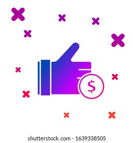 Color Hand holding coin icon isolated on white background. Dollar or USD symbol. Cash Banking currency sign. Gradient random dynamic shapes. Vector Illustration