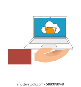 color hand holding laptop computer with folder on screen
