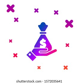 Color Hand holding money bag icon isolated on white background. Dollar or USD symbol. Cash Banking currency sign. Gradient random dynamic shapes. Vector Illustration