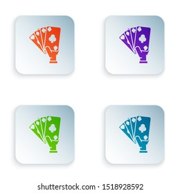 Color Hand holding playing cards icon isolated on white background. Casino game design. Set icons in colorful square buttons. Vector Illustration