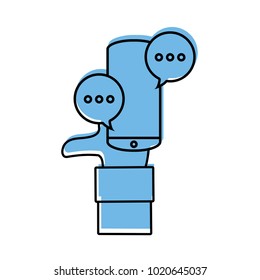 color hand man with smartphone techology and chat bubbles