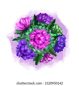 Color hand painted aster bouquete with bright flowers and leaves
