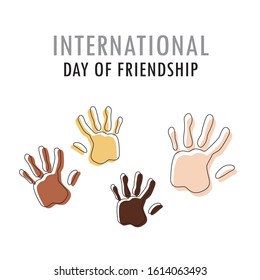 Color hand print picture. The heart of friends of different genders and nationalities as a symbol of International Friendship day. Banner for the International Day of friendship.Vector illustration.