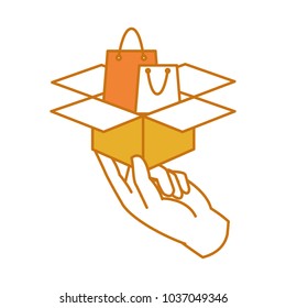 color hand with shoping bag inside box package