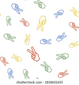 Color Hand showing two finger icon isolated seamless pattern on white background. Victory hand sign. Vector.