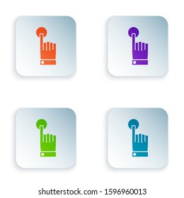 Color Hand touch and tap gesture icon isolated on white background. Click here, finger, touch, pointer, cursor, mouse symbol. Set icons in square buttons. Vector Illustration