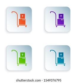 Color Hand truck and boxes icon isolated on white background. Dolly symbol. Set icons in colorful square buttons. Vector Illustration