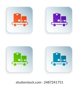 Color Hand truck and boxes icon isolated on white background. Dolly symbol. Set colorful icons in square buttons. Vector