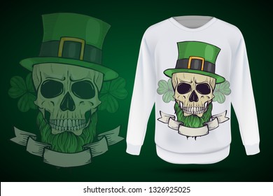Color handdrawn angry skull of leprechaun with beard hat and clover leaves and a ribbon