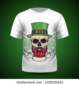 Color handdrawn angry skull of leprechaun with mustache, beard hat and clover leaves