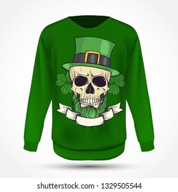 Color handdrawn angry skull of leprechaun with beard hat and clover leaves and a ribbon