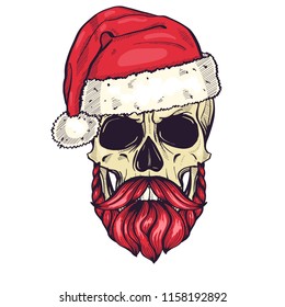 Color handdrawn angry skull of Santa Claus