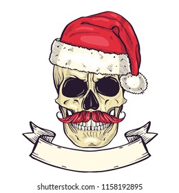 Color handdrawn angry skull of Santa Claus