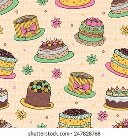 color hand-drawn cake seamless pattern with flowers