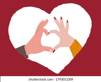 color hand-drawn illustration of a male and female hand.Love the card. heart-shaped silhouette. Cartoon graphics. Print, banner