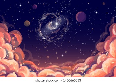 
Color, hand-drawn image of clouds and a starry sky with planets and a galaxy.