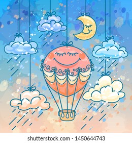 Color, hand-drawn image of a cute aerostat, clouds and crescent hanging in the sky in a watercolor style.