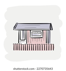 A color hand-drawn sketch of a small Swedish typical house made of wooden planks for a summer vacation or camping