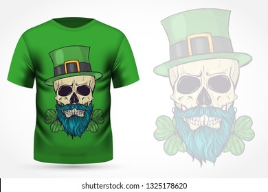 Color handdrawn skull of leprechaun with mustache, beard hat and clover leaves and a ribbon