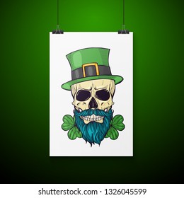 Color handdrawn skull of leprechaun with mustache, beard hat and clover leaves and a ribbon
