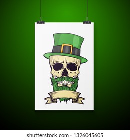 Color handdrawn skull of leprechaun with mustache, beard hat and clover leaves and a ribbon