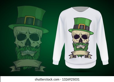 Color handdrawn skull of leprechaun with mustache, beard hat and clover leaves and a ribbon