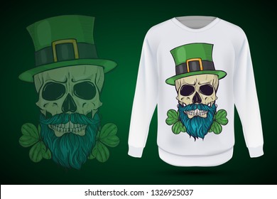Color handdrawn skull of leprechaun with mustache, beard hat and clover leaves and a ribbon