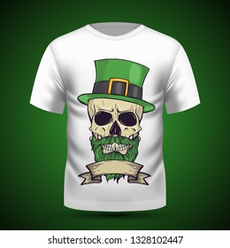 Color handdrawn skull of leprechaun with mustache, beard hat and clover leaves and a ribbon
