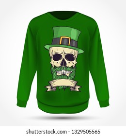 Color handdrawn skull of leprechaun with mustache, beard hat and clover leaves and a ribbon