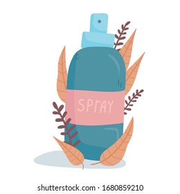 Color hand-drawn vector illustration showing a cosmetic product in a spray bottle. Ecological cosmetics for self-care, skin care. Floral or foliage pattern