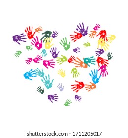 Color handprint background concept. Human hand print illustration for kid education. School learning or diverse community help. EPS10 vector.