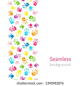 Color hands on white. Seamless vertical border made of handprints. Endless colorful background. Vector illustration